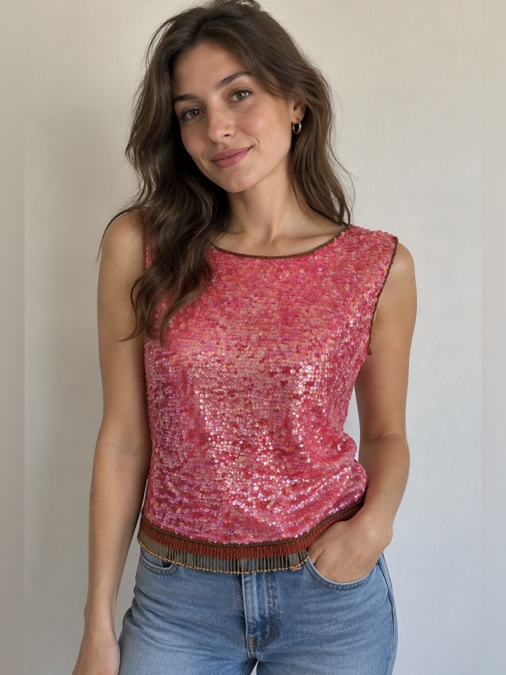 Vintage Pink Sequins Beaded Top